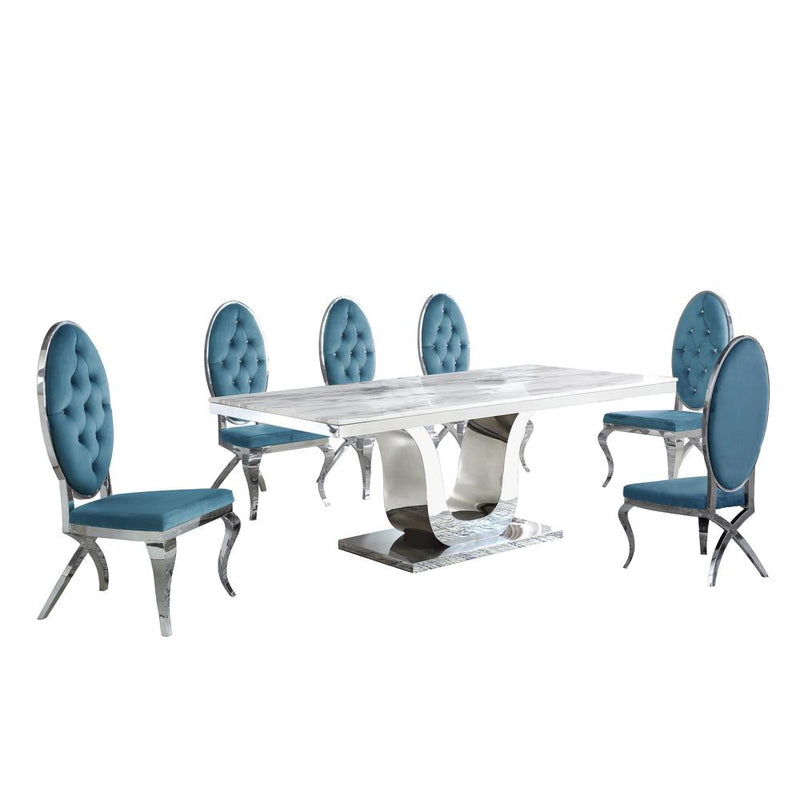 White Marble 7pc Set Tufted Faux Crystal Chairs in Teal Velvet