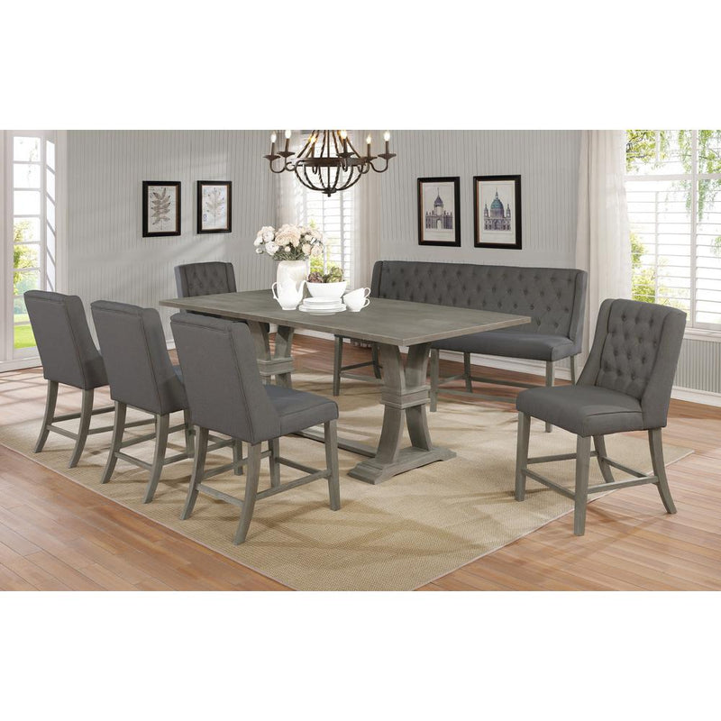 Classic 7pc Dining Setwith Extendable Counter Height Dining Table with 18" Leaf, Upholstered Side Chairs with Tufted Buttons and Upholstered Bench with Backrest and Tufted Buttons.