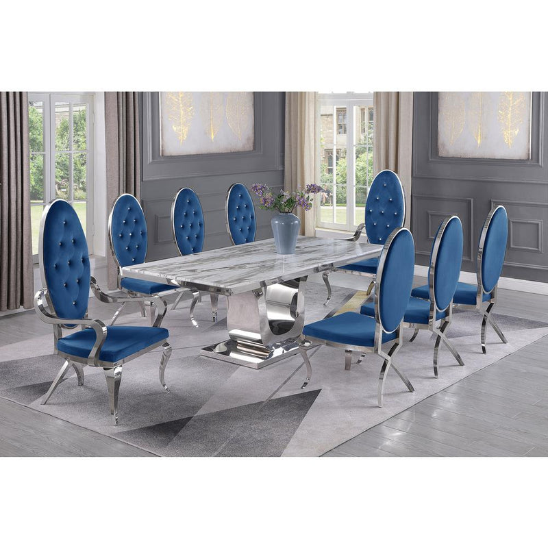 White Marble 9pc Set Tufted Faux Crystal Chairs and Arm Chairs in Navy Blue Velvet