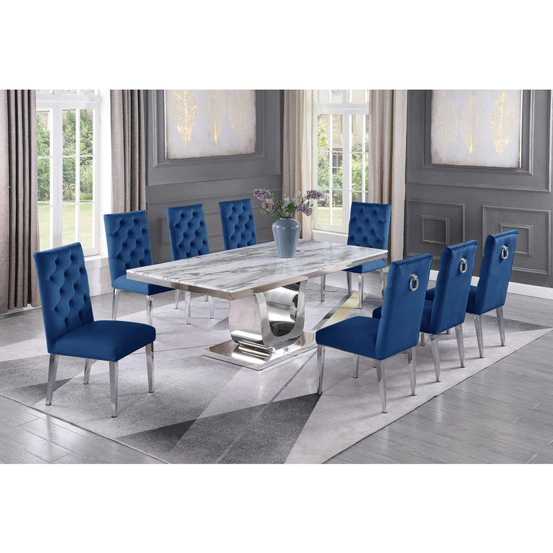 White Marble 9pc Set Tufted Ring Chairs in Navy Blue Velvet