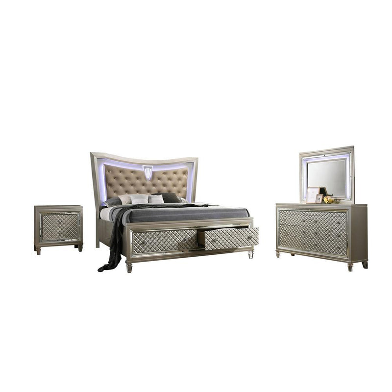 4PC Bedroom Set, Platform Panel Bed with LED Lit Headboard