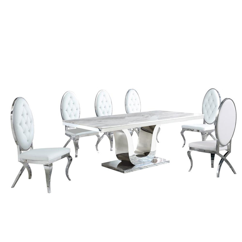 White Marble 7pc Set Tufted Faux Crystal Chairs in White Faux Leather