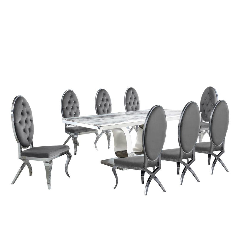 White Marble 9pc Set Tufted Faux Crystal Chairs in Dark Grey Velvet