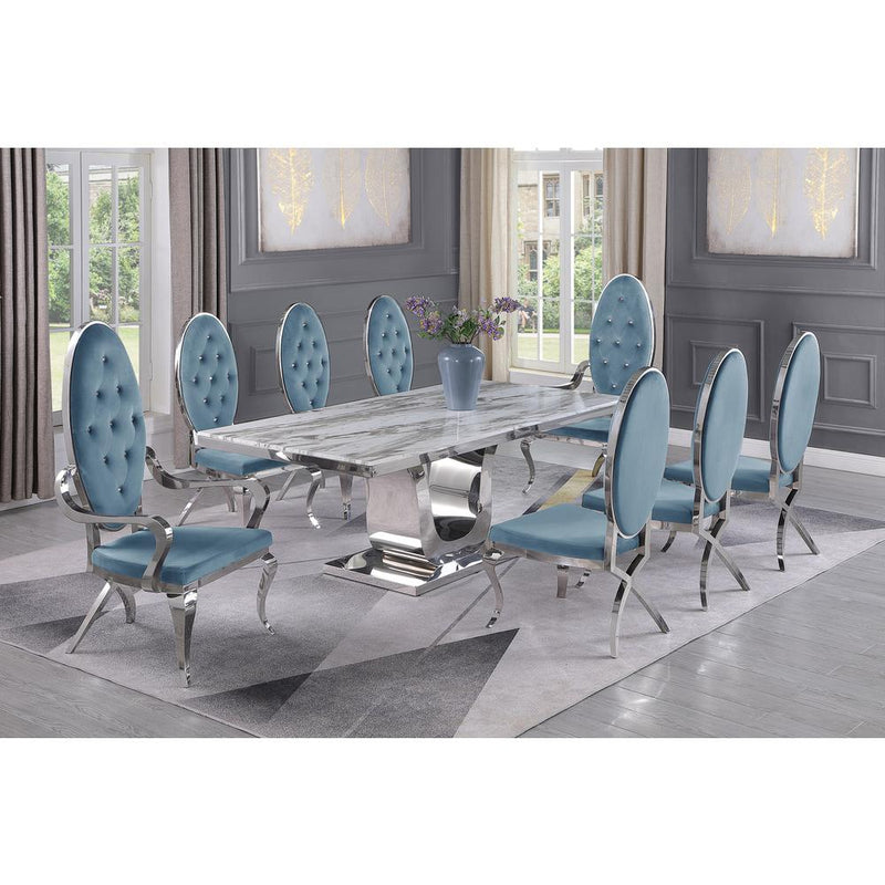 White Marble 9pc Set Tufted Faux Crystal Chairs and Arm Chairs in Teal Velvet