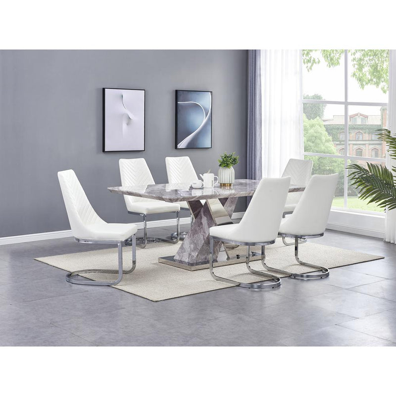 Faux Marble 7pc Set Chrome Chairs in White Faux Leather