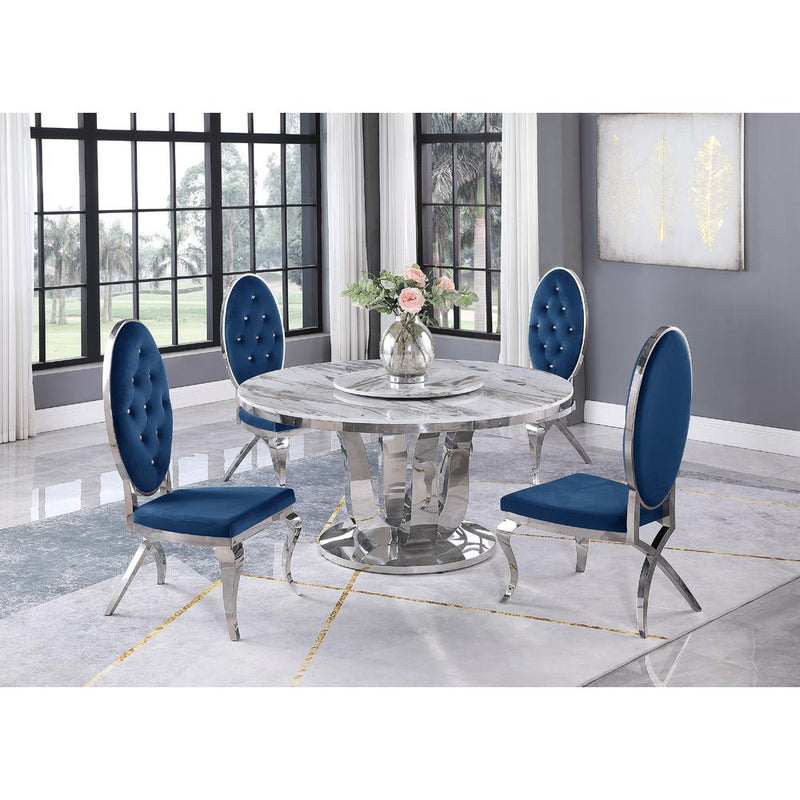 White Marble Lazy-Susan Dining Set Tufted Faux Crystal Chairs in Navy Blue Velvet