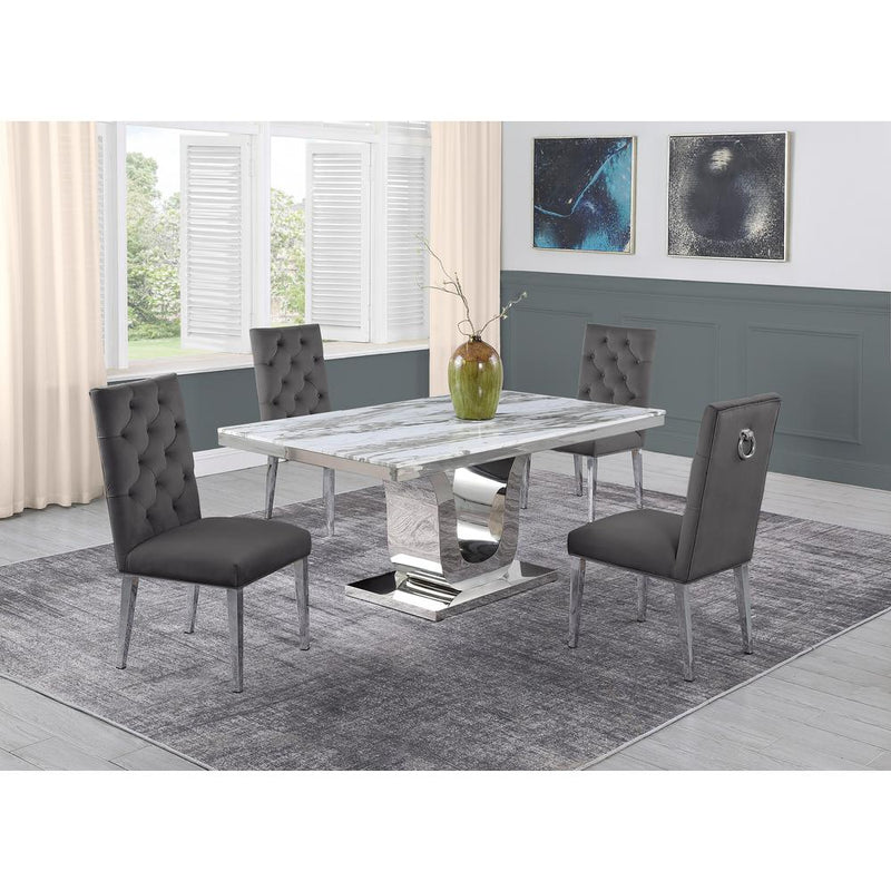 White Marble 5pc Set Ring Chairs in Dark Grey Velvet