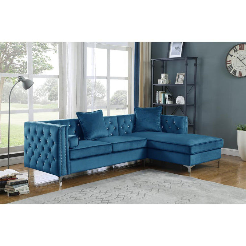 Teal Blue Velvet L-Shaped Tufted Faux Crystal Sofa & Chaise