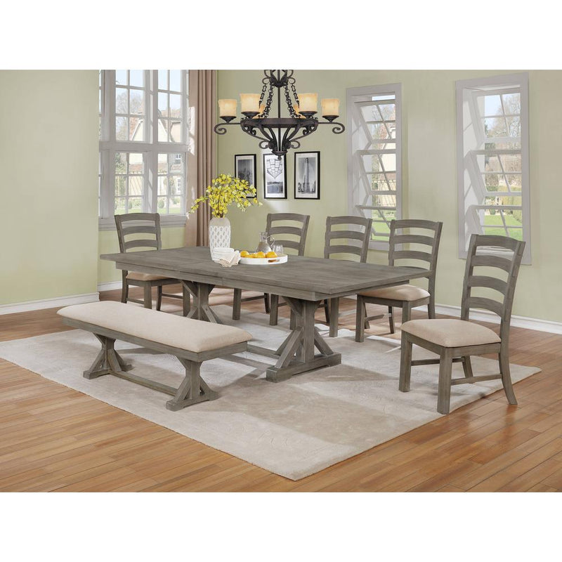 Classic 7pc Dining Set with Extendable Dining table with 18" Leaf, Wood and Linen Side Chairs, Upholstered Bench