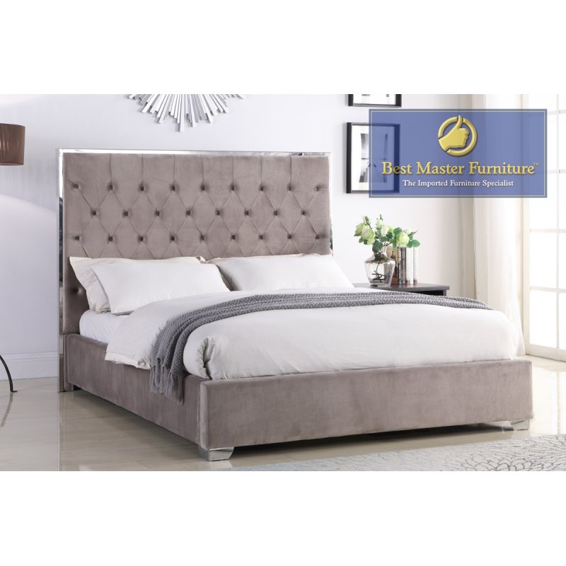 Best Master Kressa Velour Fabric Tufted Queen Platform Bed in Light Gray