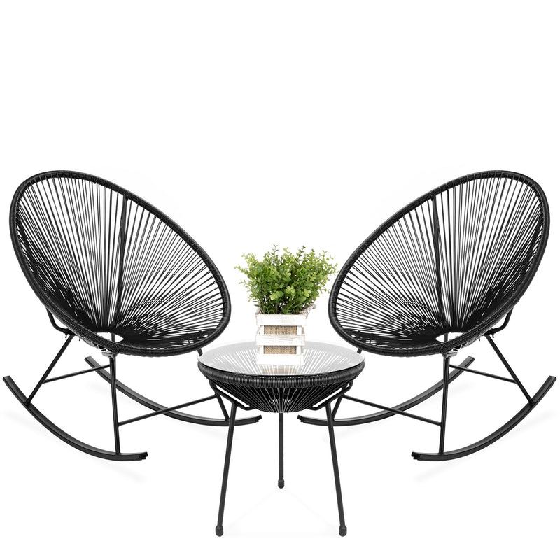 3 Piece Black Oval Patio Woven Rocking Chair Bistro Set