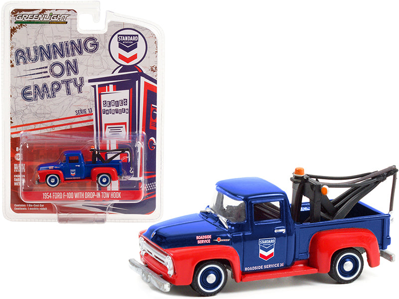 1954 Ford F-100 Tow Truck with Drop-in Tow Hook Standard Oil Blue and Matt Red Running on Empty Series 13 1/64 Diecast Model Car by Greenlight