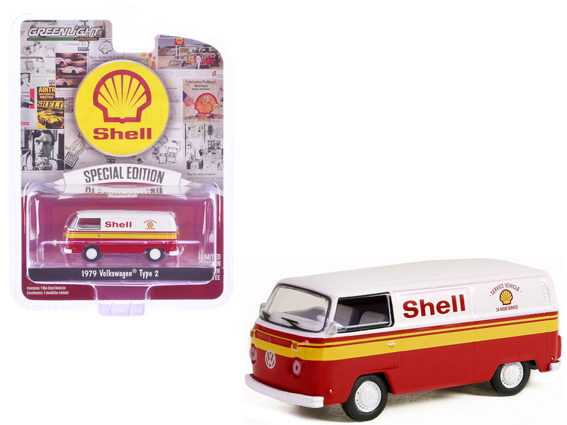 1979 Volkswagen Type 2 Panel Van White and Red with Yellow Stripes "Shell Oil" "Shell Oil Special Edition" Series 2 1/64 Diecast Model Car by Greenlight