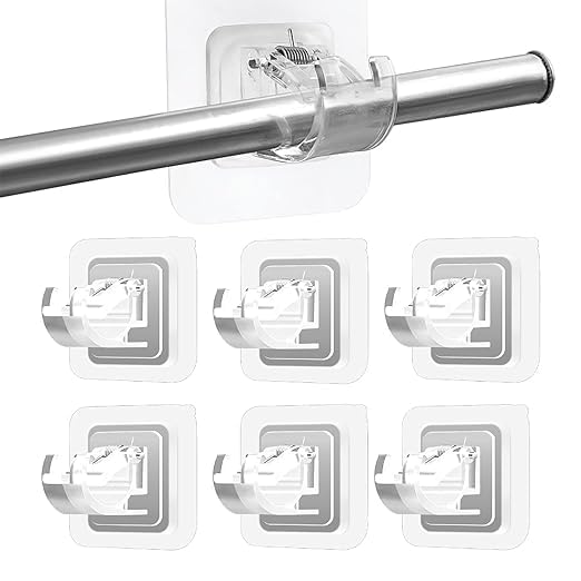 DAZZLIQ 6 PCS Curtain Rod Holder Without Drill Curtain Holders for Wall Rod Brackets No Drilling Self Adhesive No Drill Hangers for Bathroom Kitchen Home Bathroom and Hotel