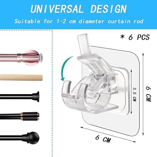 DAZZLIQ 6 PCS Curtain Rod Holder Without Drill Curtain Holders for Wall Rod Brackets No Drilling Self Adhesive No Drill Hangers for Bathroom Kitchen Home Bathroom and Hotel