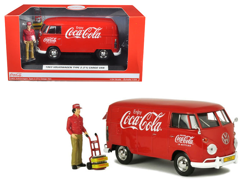 1963 Volkswagen Type 2 (T1) Coca-Cola Cargo Van with Delivery Driver Figurine with Handcart and Two Bottle Cases 1/24 Diecast Model Car by Motorcity Classics