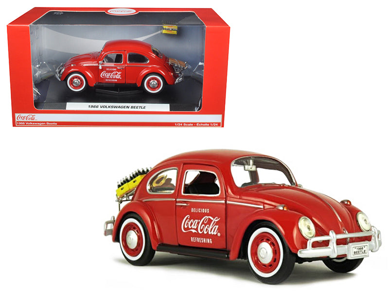 1966 Volkswagen Beetle with Rear Luggage Rack Red with Two Bottle Cases Coca-Cola 1/24 Diecast Model Car by Motorcity Classics