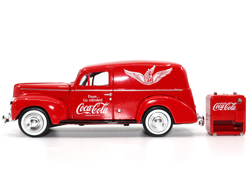 1940 Ford Sedan Cargo Van Red Pause... Go Refreshed Coca-Cola with Vending Machine Accessory 1/24 Diecast Model Car by Motor City Classics