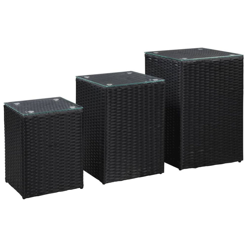 vidaXL Side Tables 3 pcs with Glass Top Black Poly Rattan, 46984