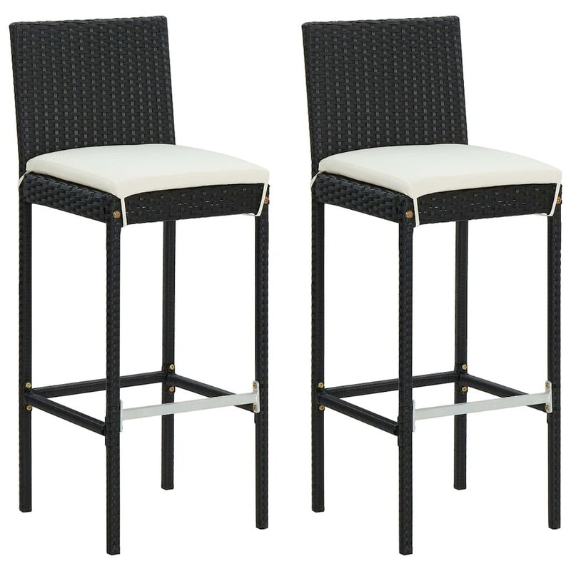 vidaXL Garden Bar Stools with Cushions 2 pcs Black Poly Rattan, 313435