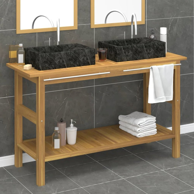 Bathroom Vanity Cabinet with Black Marble Sinks Solid Wood Teak