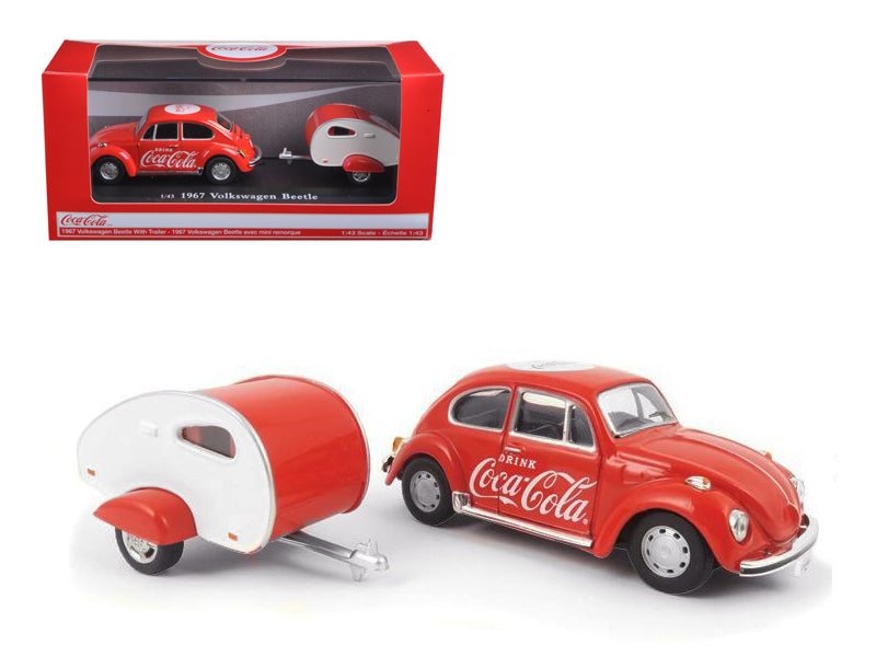 1967 Volkswagen Beetle Red with Teardrop Travel Trailer Red and White Coca-Cola 1/43 Diecast Model Car by Motorcity Classics