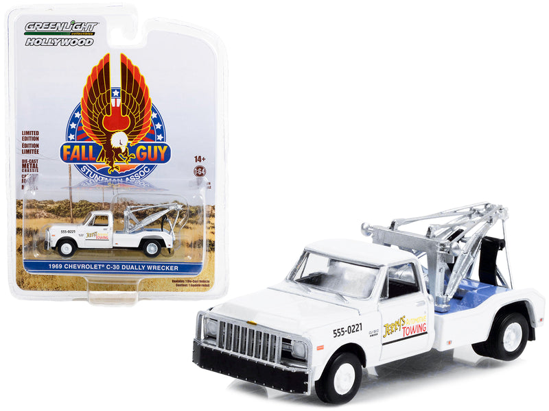 1969 Chevrolet C-30 Dually Wrecker Tow Truck White Jerry鈥檚 Towing Fall Guy Stuntman Association Hollywood Special Edition 1/64 Diecast Model Car by Greenlight