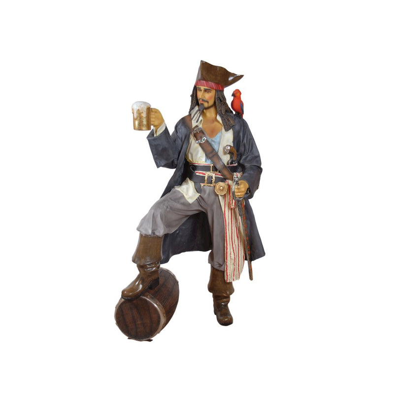 Caribbean Pirate Life Size Statue with Rum and Parrot