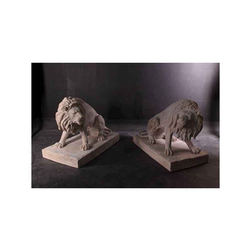 Symmetrical Pair of 39 Inch Entry Lions in Rough Stone