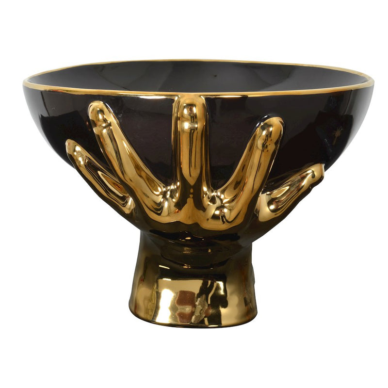 Black Bowl Held by Gold Hands