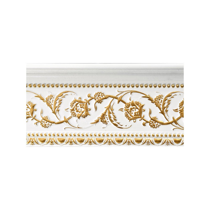 Gold Floral on French White Crown Molding 92 Inch