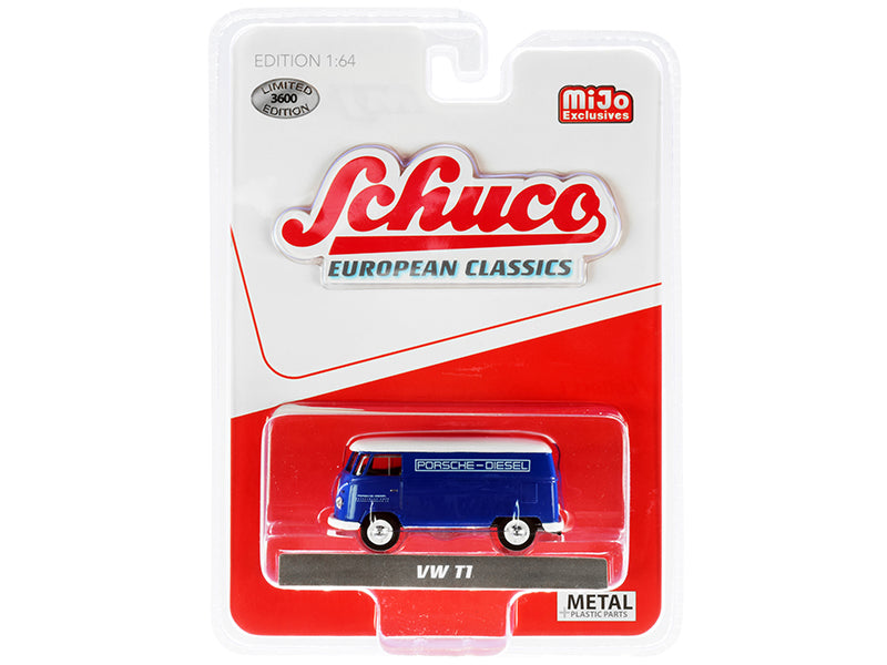 Volkswagen T1 Panel Bus Porsche Diesel Blue with White Top European Classics Series Limited Edition to 3600 pieces Worldwide 1/64 Diecast Model by Schuco