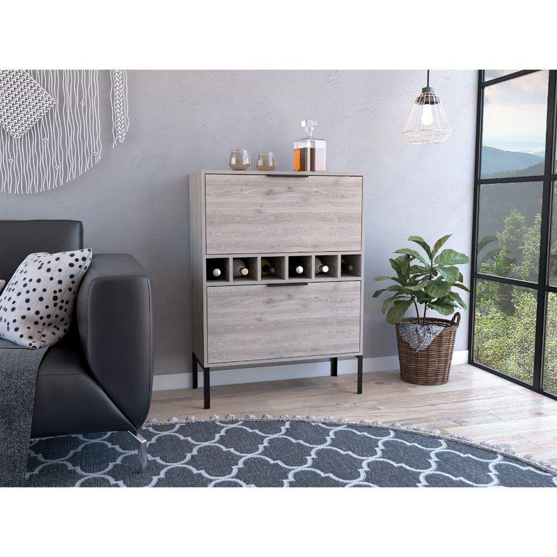 DEPOT E-SHOP Staten Bar Cabinet, Six Wine Cubbies, Two-Door Flexible Cabinets, Countertop, Four Legs-Light Grey, For Living Room