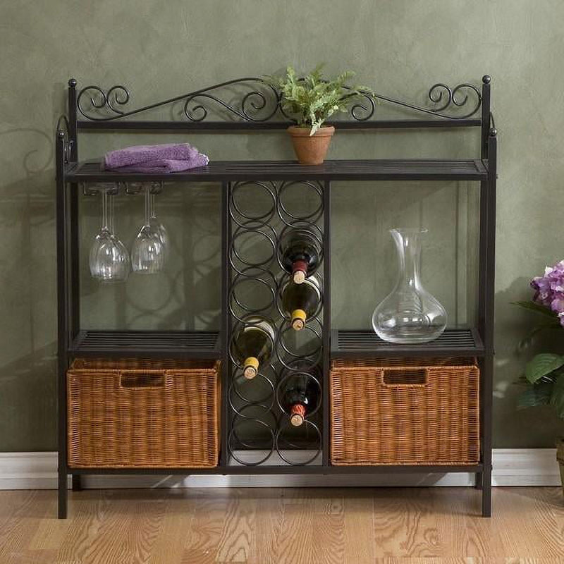 Kitchen Dining Bakers Rack with Wine Storage and Rattan Baskets