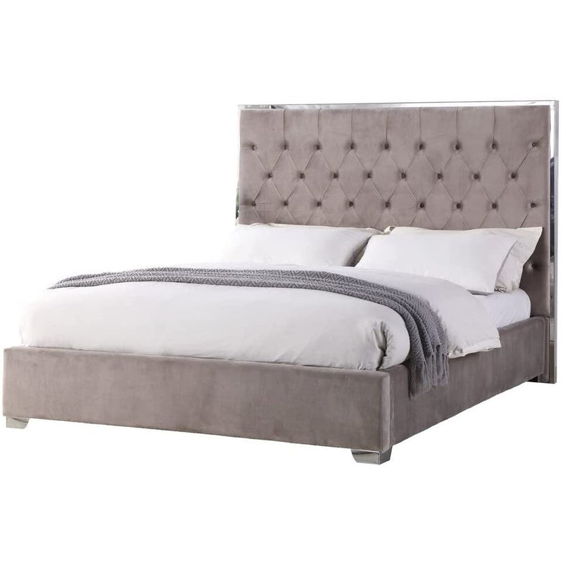 Best Master Kressa Velour Fabric Tufted Cali King Platform Bed in Light Gray