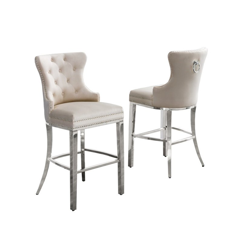 29" Cream velvet bar stool with stainless steel base (SET OF 2)