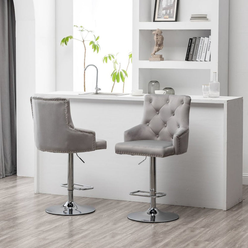 Better Home Products Monroe Velvet Tufted Adjustable Swivel Bar Stool Set Gray