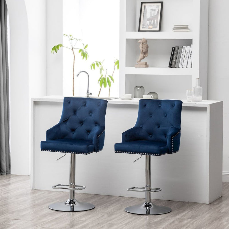 Better Home Products Monroe Velvet Tufted Adjustable Swivel Bar Stool Set Blue