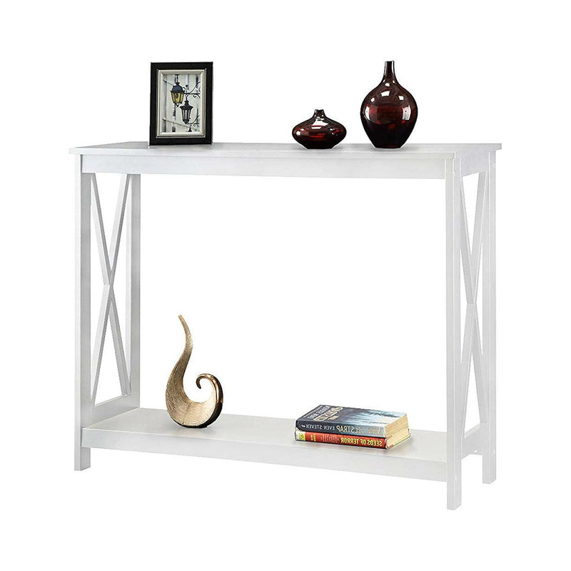 White Wood Console Sofa Table with Bottom Storage Shelf