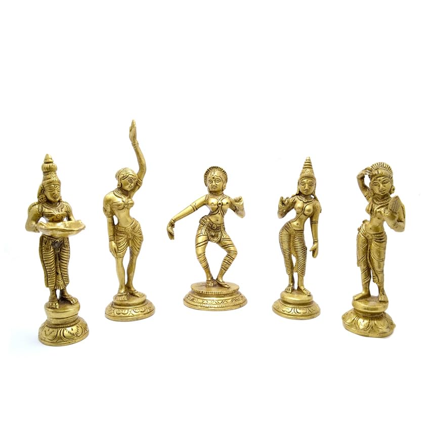 Two Moustaches Brass Apsara Showpieces - Set of 5 Statues, Decorative Items for Home, Show Pieces for Home Decor, Gifts for House Warming Ceremony, Ethnic Home Decor, Standard, Pack of 5