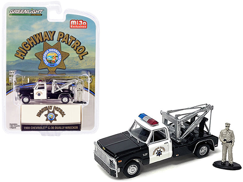 1969 Chevrolet C-30 Dually Wrecker Tow Truck Black and White CHP California Highway Patrol with Officer Figurine 1/64 Diecast Model Car by Greenlight