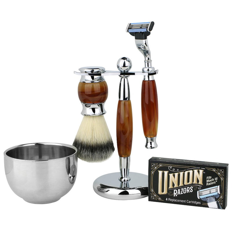 Union Razors SS3 Wet Shaving Kit for Men 5-Piece Shaving Gift Set with Brush and Stand Razor Barber Kit - Tiger Eye