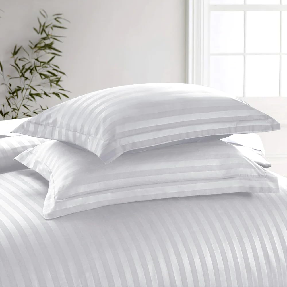 LINENWALAS 300TC Duvet Cover Double Bed Premium Cotton Stripes -Quilt/Comforter Cover- 90x100 Inches, Razai Blanket Cover for Double Bed (White)