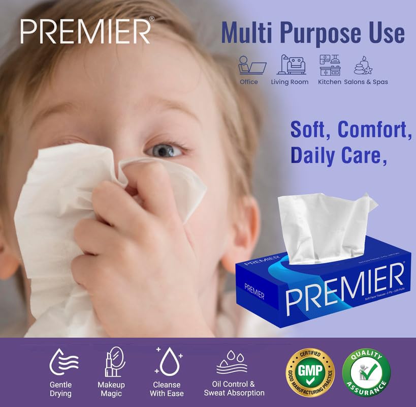 Premier 2-Ply Box Face Tissue Papers – 100 Pulls per Box (Pack of 4, 400 Pulls, 800 Sheets) –Ultra Soft, Gentle & Highly Absorbent Facial Tissues for Home, Office, Car & Travel | Blue