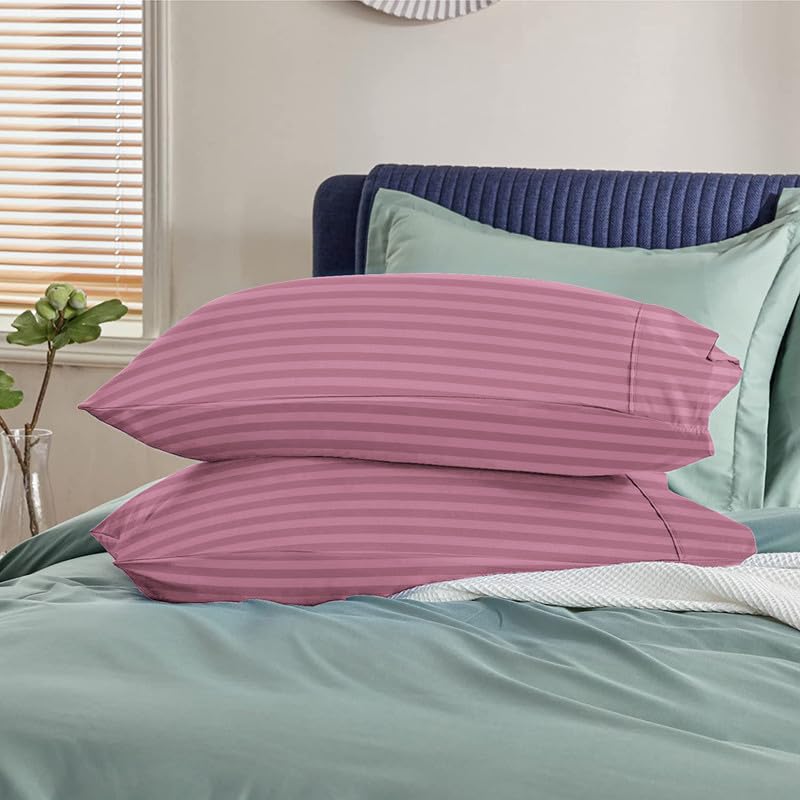BSB HOME® 220 TC Premium Glace Cotton Solid Striped Pillow Covers | Super Soft and Breathable Envelope Closure| Set of 2 Pieces Pillow Covers King Size (Pink, 20 x 30 Inches)