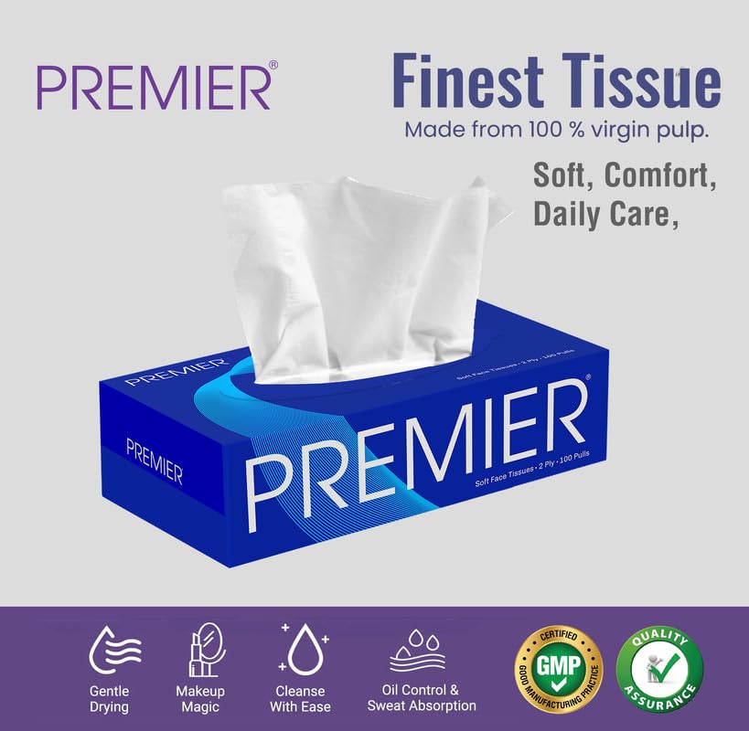 Premier 2-Ply Box Face Tissue Papers – 100 Pulls per Box (Pack of 4, 400 Pulls, 800 Sheets) –Ultra Soft, Gentle & Highly Absorbent Facial Tissues for Home, Office, Car & Travel | Blue