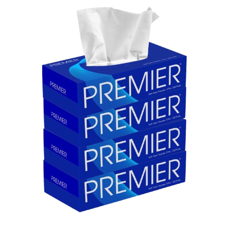 Premier 2-Ply Box Face Tissue Papers – 100 Pulls per Box (Pack of 4, 400 Pulls, 800 Sheets) –Ultra Soft, Gentle & Highly Absorbent Facial Tissues for Home, Office, Car & Travel | Blue