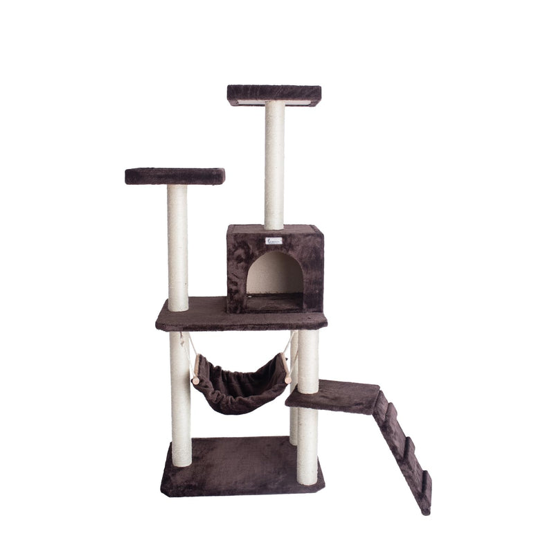 GleePet GP78570923  57-Inch Real Wood Cat Tree In Coffee Brown With Four Levels, Ramp, Hammock And Condo