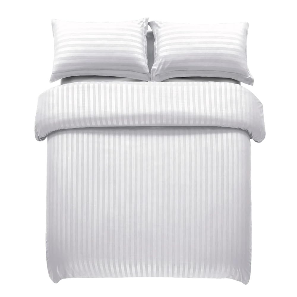LINENWALAS 300TC Duvet Cover Double Bed Premium Cotton Stripes -Quilt/Comforter Cover- 90x100 Inches, Razai Blanket Cover for Double Bed (White)