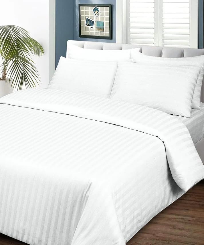 LINENWALAS 300TC Duvet Cover Double Bed Premium Cotton Stripes -Quilt/Comforter Cover- 90x100 Inches, Razai Blanket Cover for Double Bed (White)